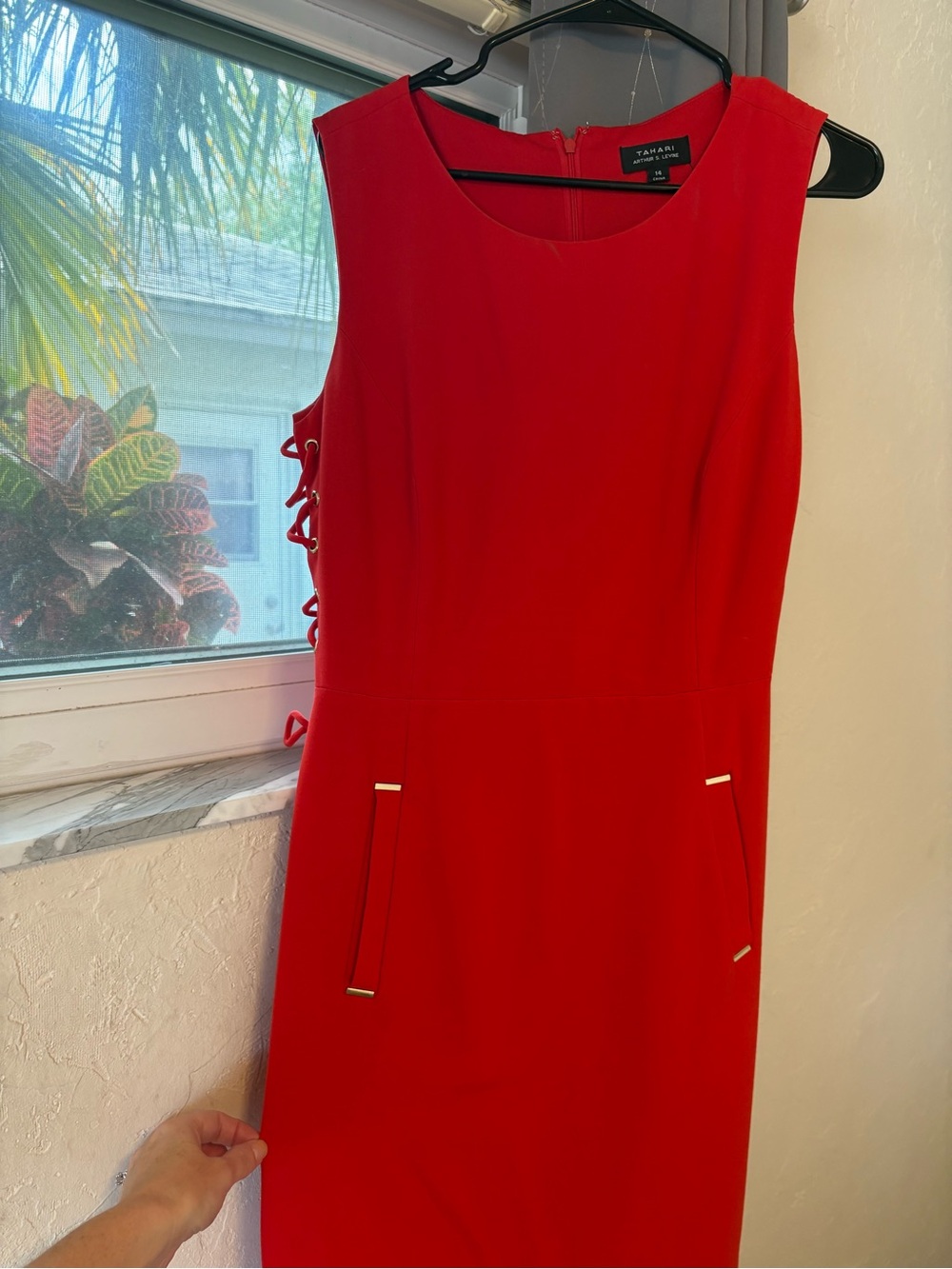 Tahari ASL Vibrant Red Lace-Up Sheath Dress